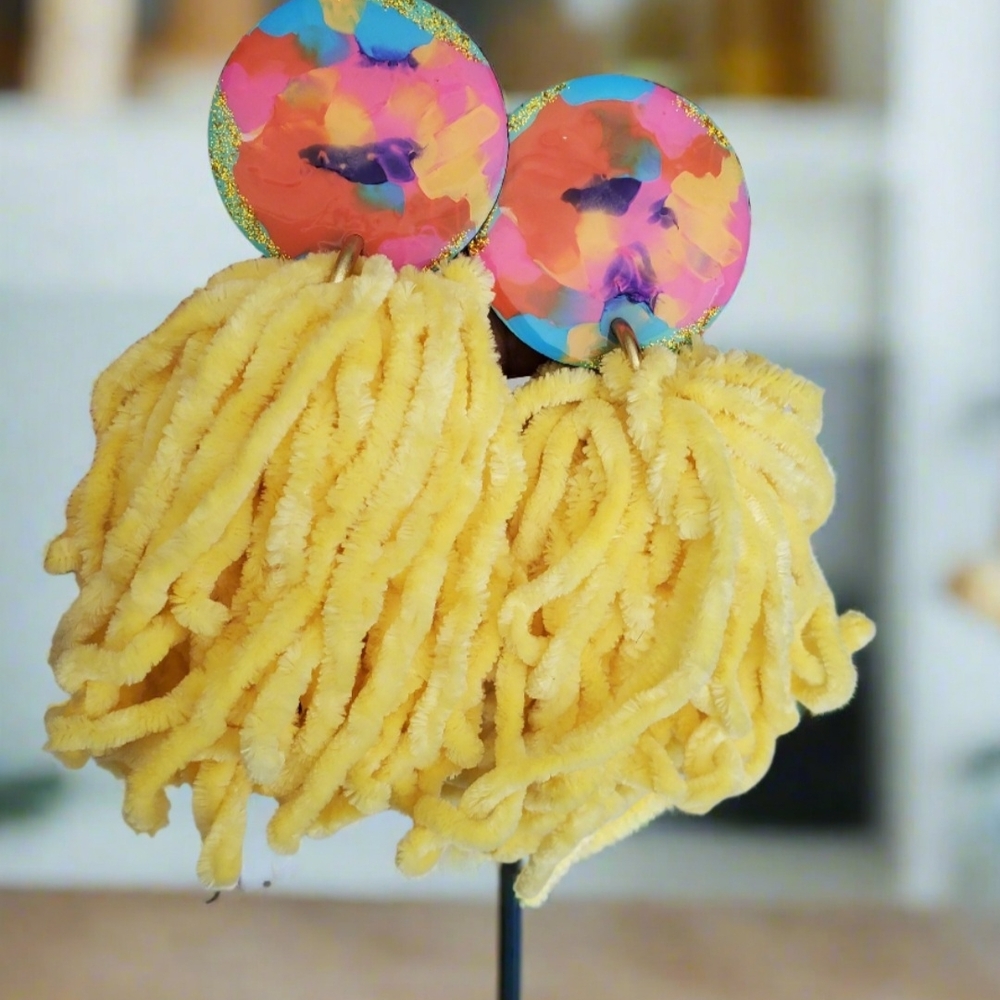 Colorful Abstract Handpainted Earrings with Yellow Tassels